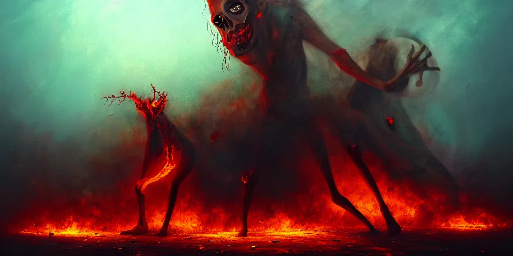 Prompt: personified emotion and thought creatures riot in a fiery wasteland, dramatic lighting, attempting to escape to the surface and start a revolution, in a dark surreal painting by ronny khalil