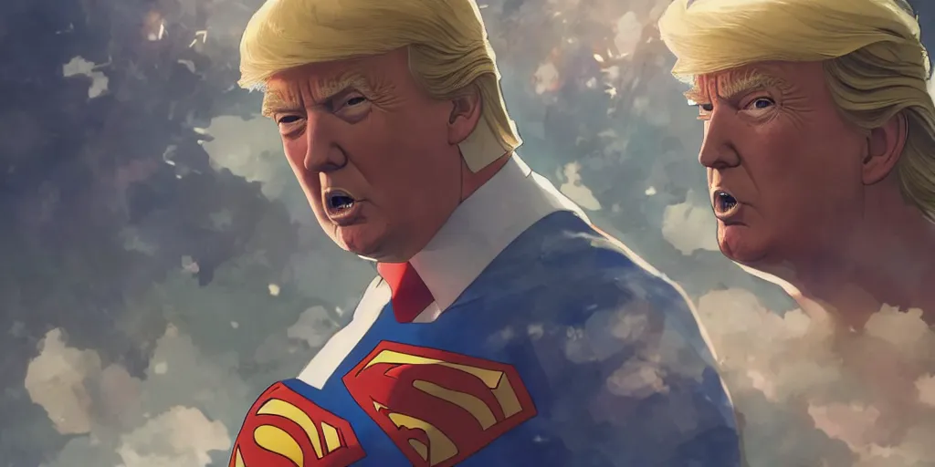 Image similar to donald trump as superman, art by makoto shinkai, studio ghibli, greg rutkowski, wlop, highly detailed, anime key visual, 4 k, high quality, studio portrait