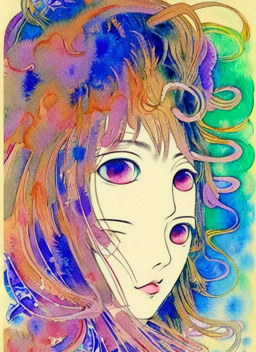 Image similar to vintage 7 0 s anime watercolor by yoshitaka amano, a portrait of a lady with colorful face - paint enshrouded in an impressionist watercolor, representation of mystic crystalline fractals in the background by william holman hunt, art by cicley mary barker, thick impressionist watercolor brush strokes, portrait painting by daniel garber, minimalist simple pen and watercolor