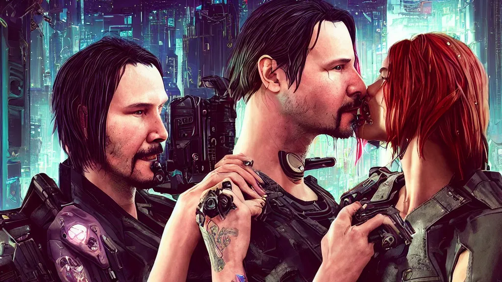 Image similar to a cyberpunk 2077 srcreenshot wedding couple portrait of a Keanu Reeves and a female android final kiss,love,film lighting,by Laurie Greasley,Lawrence Alma-Tadema,Andrei Riabovitchev,Dan Mumford,John Wick,Speed,Replicas,artstation,deviantart,FAN ART,full of color,Digital painting,face enhance,highly detailed,8K,octane,golden ratio,cinematic lighting