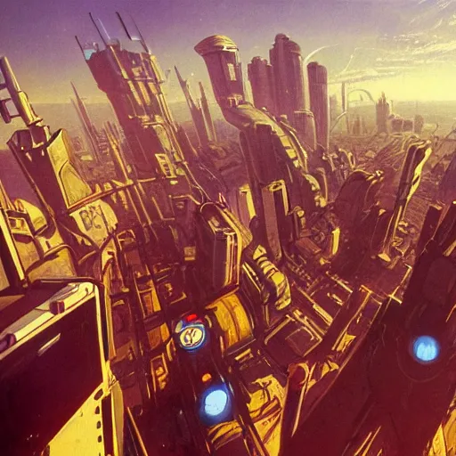 Image similar to aerial view of futuristic cyberpunk city, daylight, blue sky, cinematic lighting, blue sky, syd mead, john harris