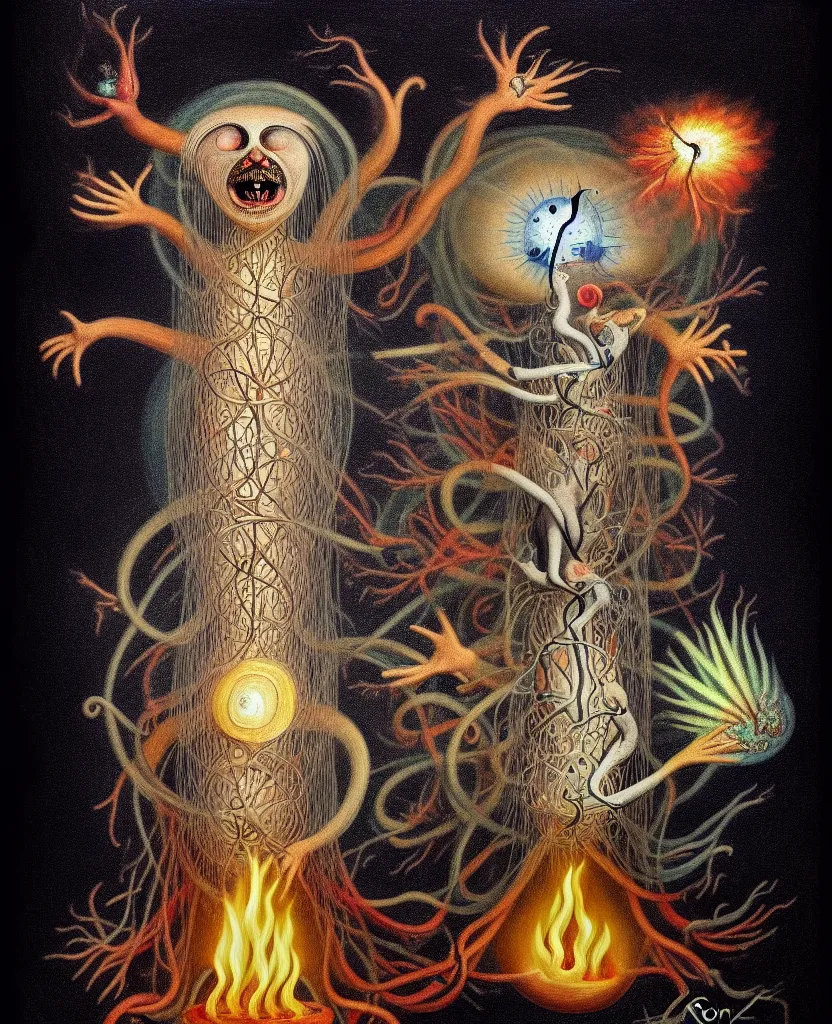 Image similar to whimsical freaky creature sings a unique canto about'as above so below'being ignited by the spirit of haeckel and robert fludd, breakthrough is iminent, glory be to the magic within, painted by ronny khalil