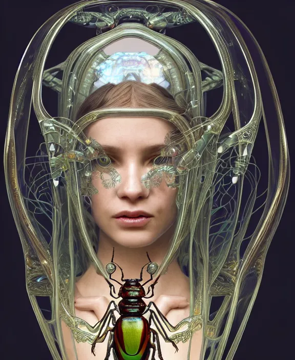 Image similar to intricate ornate opulent transparent clear see - through portrait of a playful beautiful alien beetle, fractal, adorable, childlike, overgrown biopunk jungle environment, ultra realistic, concept art, art nouveau, photorealistic, octane render, 8 k, unreal engine. art by christopher marley and artgerm and greg rutkowski and alphonse mucha