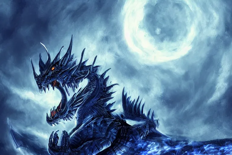 Prompt: an screaming blue and white dragon wearing armor, digital art, moonlight, blue mist, blue smoke,