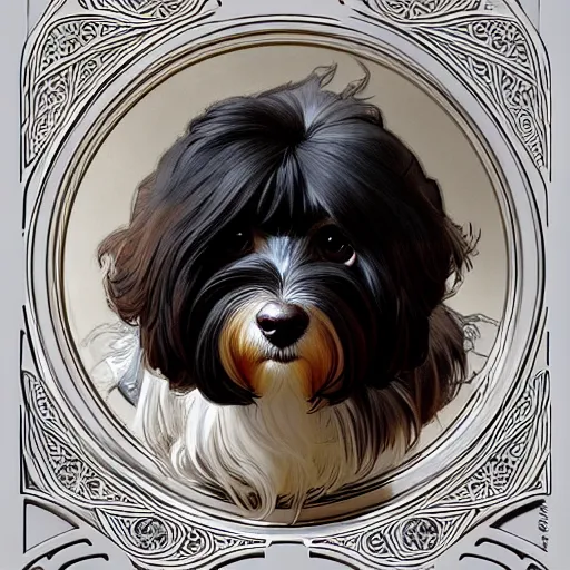 Image similar to beautiful detailed picture of a havanese dog, radiant light, art nouveau, intricate, elegant, highly detailed, my rendition, digital painting, artstation, concept art, smooth, sharp focus, illustration, art by artgerm and greg rutkowski and alphonse mucha