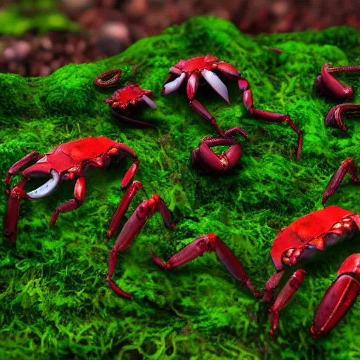 Prompt: large group of crabs and worms, crawling along a bed of moss, low poly, creeper world, handcrafted, artstation, hyperrealistic, hard light, best practices, creeptastic, photorealism, macro perspective, cuddly, Voidless of the Festival!, The Graveyard!!, Blood moon tentacles, outsider art!!!