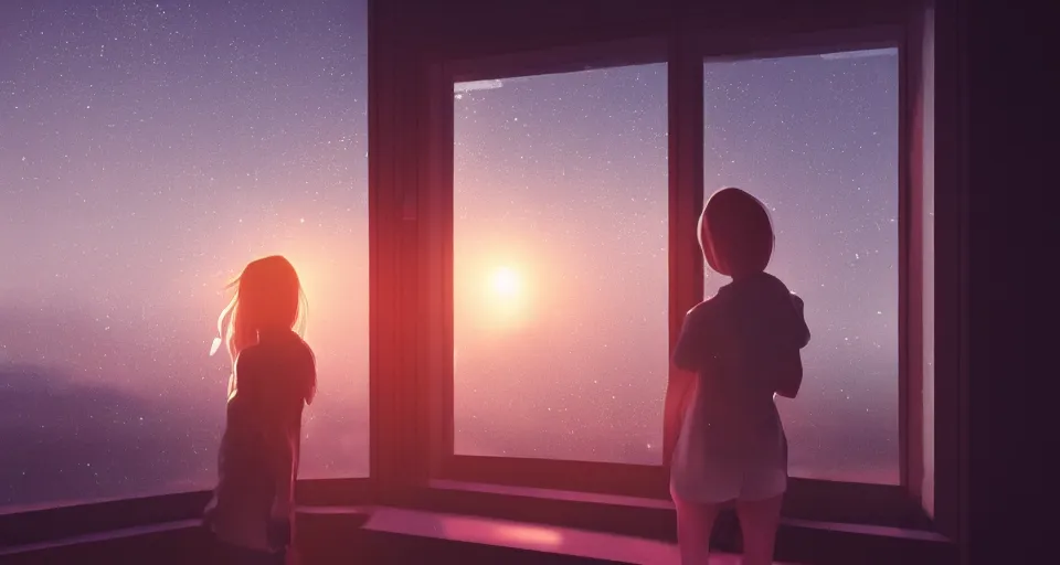 Image similar to hyperdetailed picture of a girl on the window pane watching the sunset in the twilight, volumetric lighting, oil, glowing lights, 4k, octane, digital painting, pixiv, by Aenami