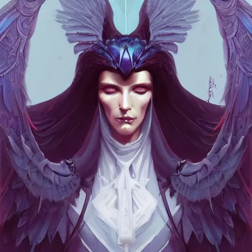 Prompt: character portrait of a modest robed raven angel with iridescent black raven wings, by Peter Mohrbacher, Artgerm, Mark Brooks, Jim Burns, Marina Abramović, Wadim Kashin, trending on Artstation