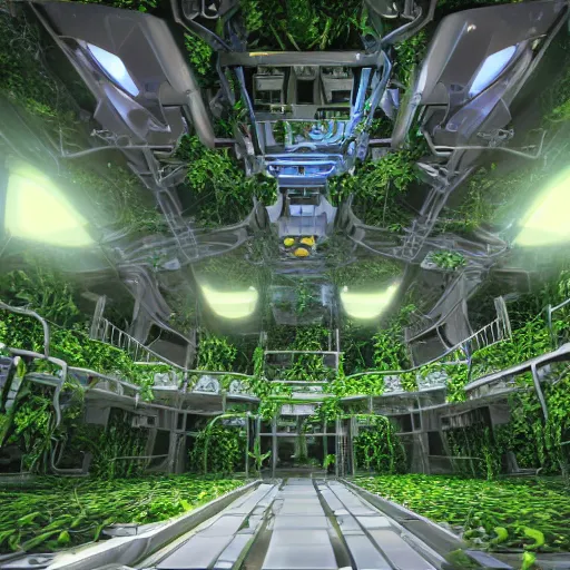 Prompt: Robo-modules of the GLaDOS super computer in the center of a huge hall overgrown with vines and plants of the complex, old computers, a suspension of dust in the air, rays of light through the ceiling, realism, art,