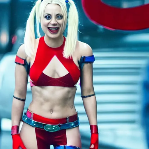 Prompt: A still of Kaley Cuoco as Harley Quinn in Harley Quinn (2019), smiling