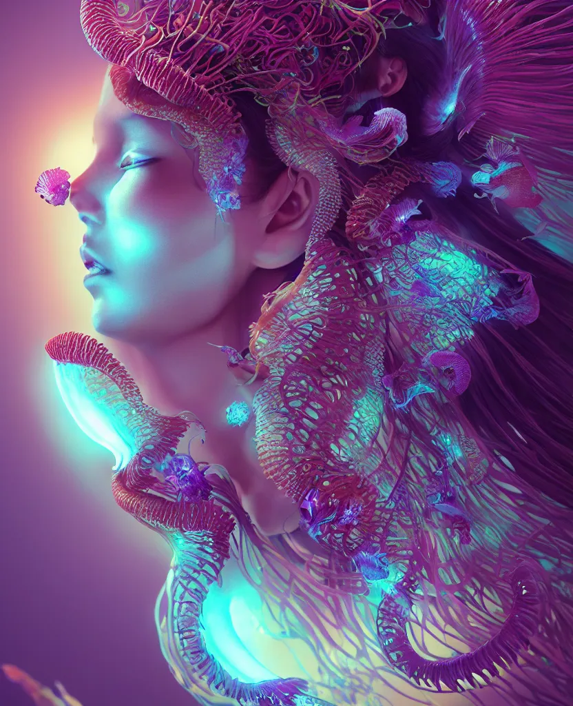 Image similar to goddess close-up portrait. jellyfish phoenix head, nautilus, orchid, skull, betta fish, bioluminiscent creatures, intricate artwork by Tooth Wu and wlop and beeple. octane render, trending on artstation, greg rutkowski very coherent symmetrical artwork. cinematic, hyper realism, high detail, octane render, 8k