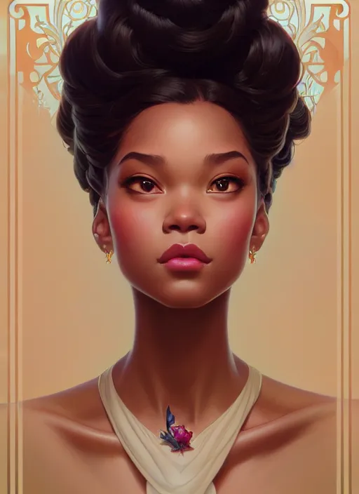 Image similar to portrait of disney tiana, intricate, elegant, highly detailed, my rendition, digital painting, artstation, concept art, smooth, sharp focus, illustration, art by artgerm and greg rutkowski and alphonse mucha and uang guangjian and gil elvgren and sachin teng, symmetry!!