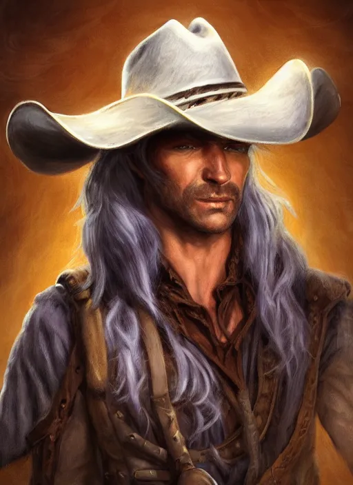 Image similar to Cowboy sorcerer drow wearing a cowboy hat, Ivan Aivakovsky, Boris Vallejo, epic fantasy character art, D&D Concept Art, full length, Realistic, Regal, Refined, Detailed Digital Art, Oil Paining, Exquisite detail, post-processing, masterpiece, Cinematic Lighting, Unreal Engine, 8k, HD, Stanley Artgerm Lau, WLOP, Rossdraws, Frank Frazetta, Andrei Riabovitchev, Marc Simonetti, trending on artstation