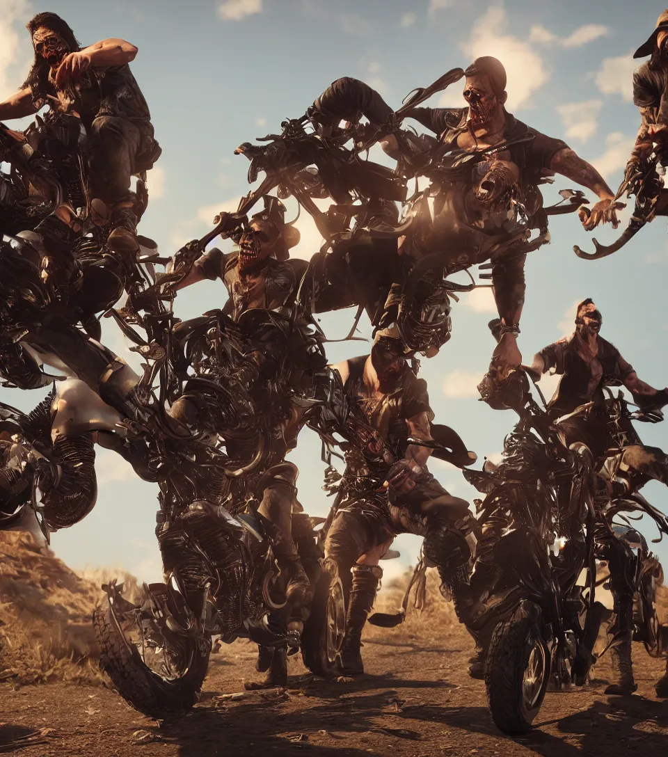 Prompt: hyper realistic undead outlaw bikers in epic focus, dramatic lighting, highly detailed, octane, unreal 5