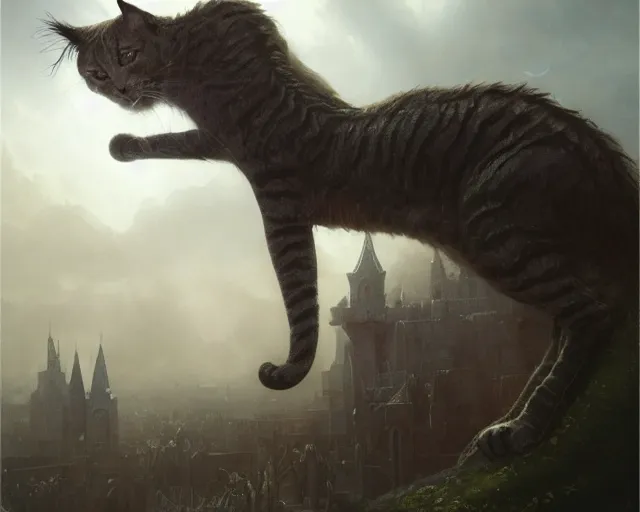 Image similar to giant cat monster, medium shot, disney concept artists, blunt borders, rule of thirds, by jaime jones, tom bagshaw, lawrence alma - tadema, greg rutkowski, helmut newton, fantasy art, intricate, elegant, highly detailed, 8 k, digital painting, concept art, sharp focus, mythological, ultra realistic, cinematic lighting, maximalist, hyperrealist