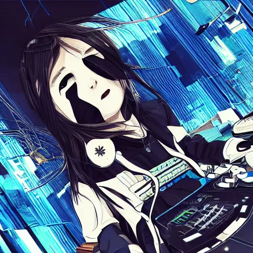 Image similar to Frequency indie album cover, luxury advertisement, blue filter, blue and black colors. Clean and detailed post-cyberpunk sci-fi close-up schoolgirl in asian city in style of cytus and deemo, blue flame, relaxing, calm and mysterious vibes, by Tsutomu Nihei, by Yoshitoshi ABe, by Ilya Kuvshinov, by Greg Tocchini, nier:automata, set in half-life 2, Matrix, GITS, Blade Runner, Neotokyo Source, Syndicate(2012), dynamic composition, beautiful with eerie vibes, very inspirational, very stylish, with gradients, surrealistic, dystopia, postapocalyptic vibes, depth of field, mist, rich cinematic atmosphere, perfect digital art, mystical journey in strange world, beautiful dramatic dark moody tones and studio lighting, shadows, bastion game, arthouse