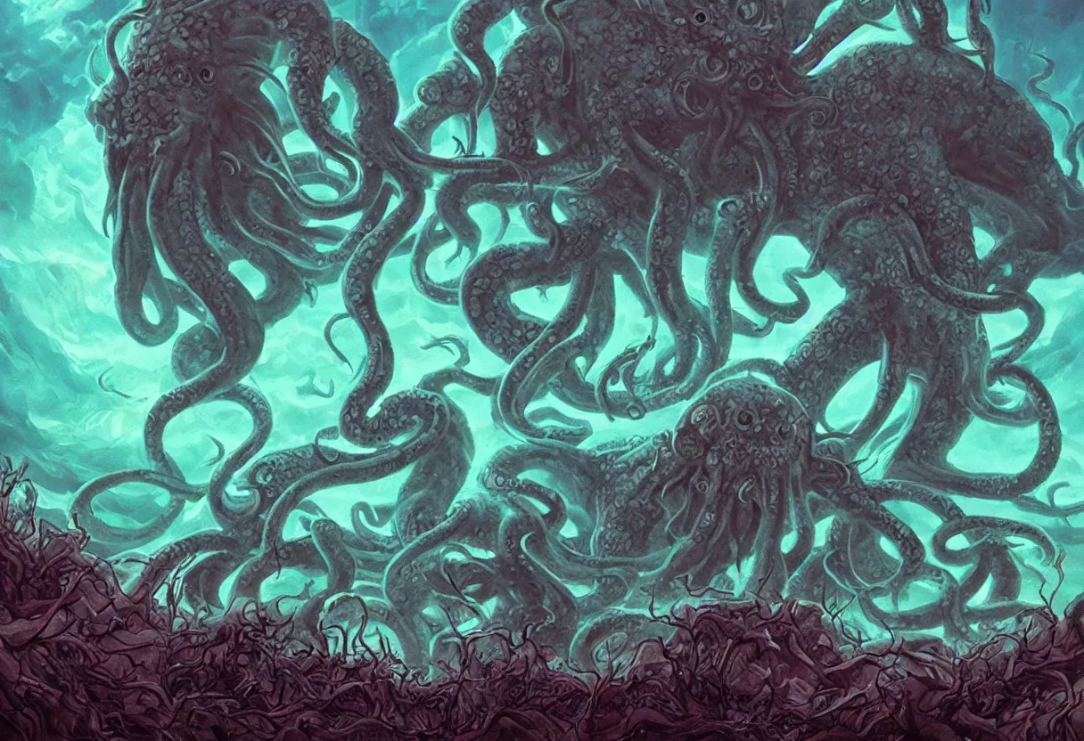 Image similar to cthulhu by Ghibli. UHD, amazing depth, cinematic lighting, epic scale, glowing rich colors, powerful imagery, concept art