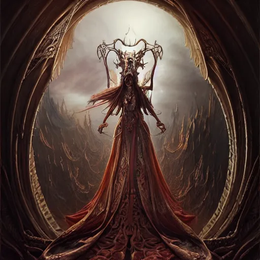 Image similar to a beautiful detailed 3d matte painting of female empress of the dead, by ellen jewett, tomasz alen kopera and Justin Gerard, symmetrical features, ominous, magical realism, texture, intricate, ornate, royally decorated, skull, skeleton, whirling smoke, embers, red adornements, red torn fabric, radiant colors, fantasy, trending on artstation, volumetric lighting, micro details, 3d sculpture, ray tracing, 8k