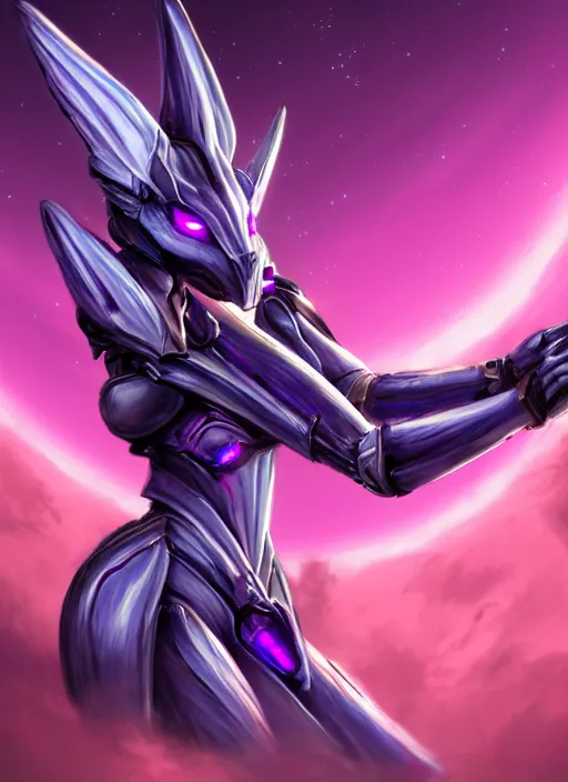 Image similar to cinematic goddess body shot, cosmic size beautiful stunning hot giant robot mecha female dragon, sharp cyborg dragon head, metal ears, led purple eyes, smooth fuschia skin, smooth silver armor, in space, epic proportions, macro, epic size, epic scale, furry art, dragon art, giantess art, warframe fanart, furaffinity, octane