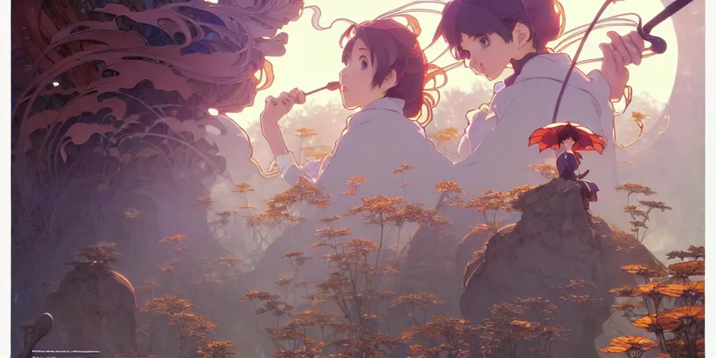 Image similar to twist your tiny lies into the spoon, spinning a web with your metallurgy. by hayao miyazaki and rossdraws and artgerm and greg rutkowski and alphonse mucha and studio ghibli. high quality, stunning, intricate detailed environment. 8 k