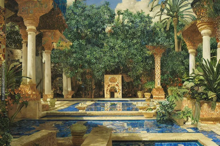 Image similar to painting of a beautiful moorish palace courtyard garden, by rudolf ernst and maxfield parrish and arkady rylov, patterned tilework, palm trees, tiled fountains, extremely detailed, cinematic lighting, smooth sharp focus