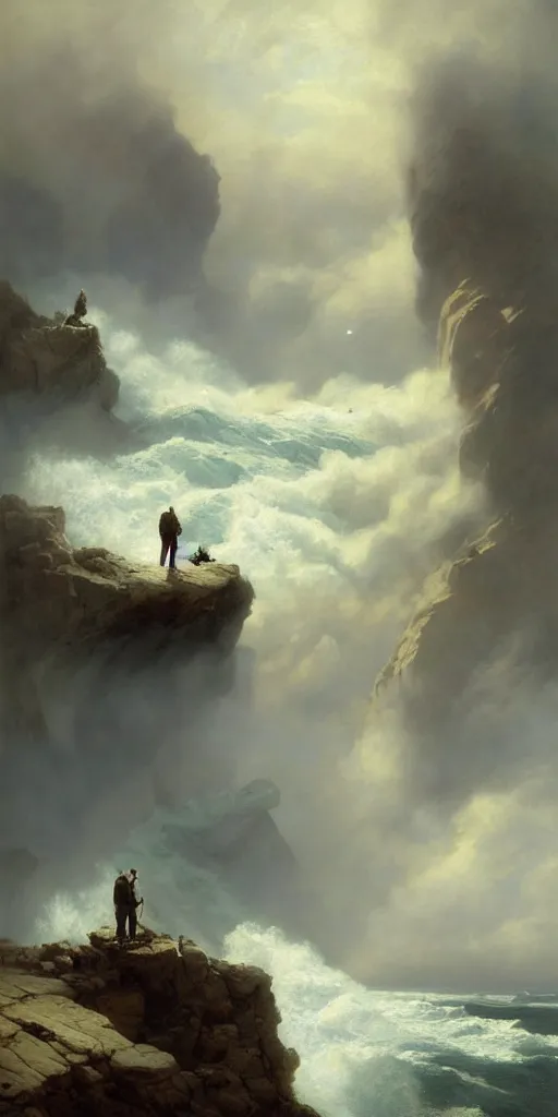 Image similar to a big cliff at the middle of the day in 1 9 4 0, stormy sea, a men stand up at the edge of the precipice, steam punk, mystical yellow fog, oil on canvas, art by andreas achenbach, clemens ascher, tom bagshaw and sabbas apterus,