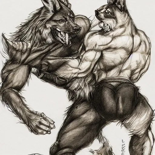 Image similar to a humanoid german shepherd beast - man wrestling with another german shepherd in the middle of an arena, pencil art, added detail, high definiton, colored, aerial viewyoji shinkawa