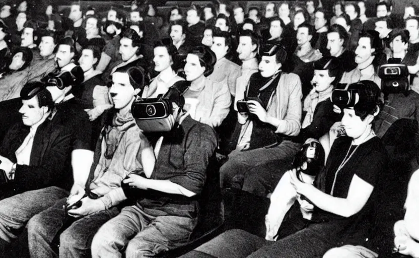 Image similar to 1 9 0 0 s photo of people using iphones ipods virtual reality headsets vr in a movie theater masterpiece