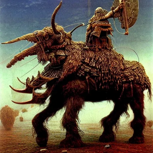 Prompt: ancient norse mammoth rider, wearing norse armor, intricated, hyper detailed, beksinski