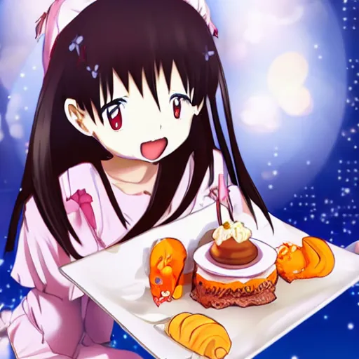 Prompt: anime girl eating dessert