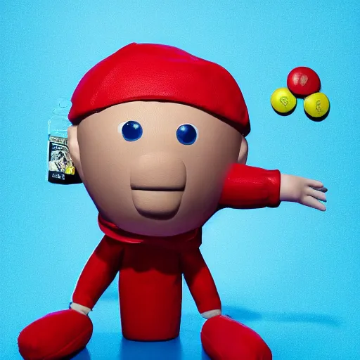 Prompt: eminem as the red m character standing on a floor coverd with m & m candies, round red m & m figure, m & m mascot, m & m figure, m & m plush, m & m candy dispenser, unreal engine, studio lighting, figurine, unreal engine, volumetric lighting, artstation, cosplay, by hans bellmer