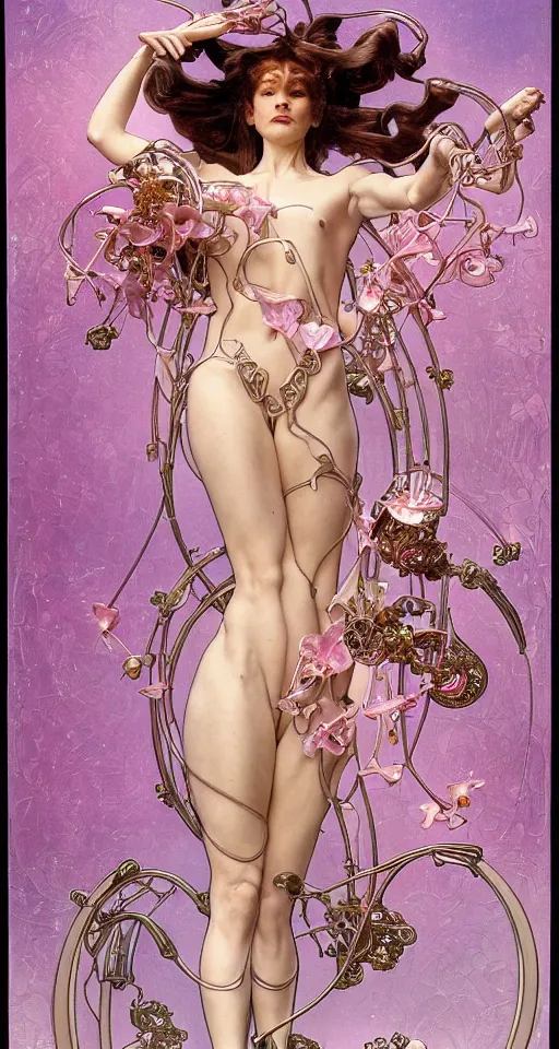 Prompt: a beautiful art nouveau zendaya cyborg made of pink quartz, graceful pose, floating translucent veils, glass orchids, 1 8 th century ornaments, by hajime sorayama, alphonse mucha, hans ruedi giger,