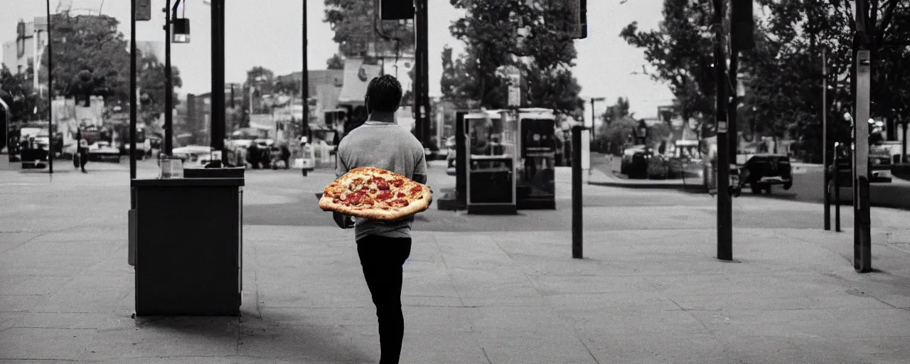 Prompt: a sentient slice of pizza waiting at a bus stop, canon 5 0 mm, cinematic lighting, photography, retro, film, kodachrome