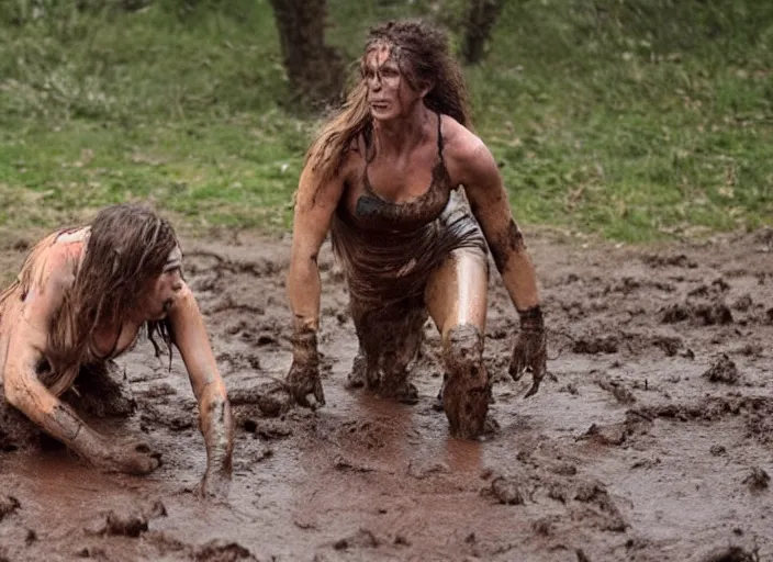 Prompt: 2 crossfit cavewomen mud wrestling, movie still, from the movie quest for fire, 8 k, realistic