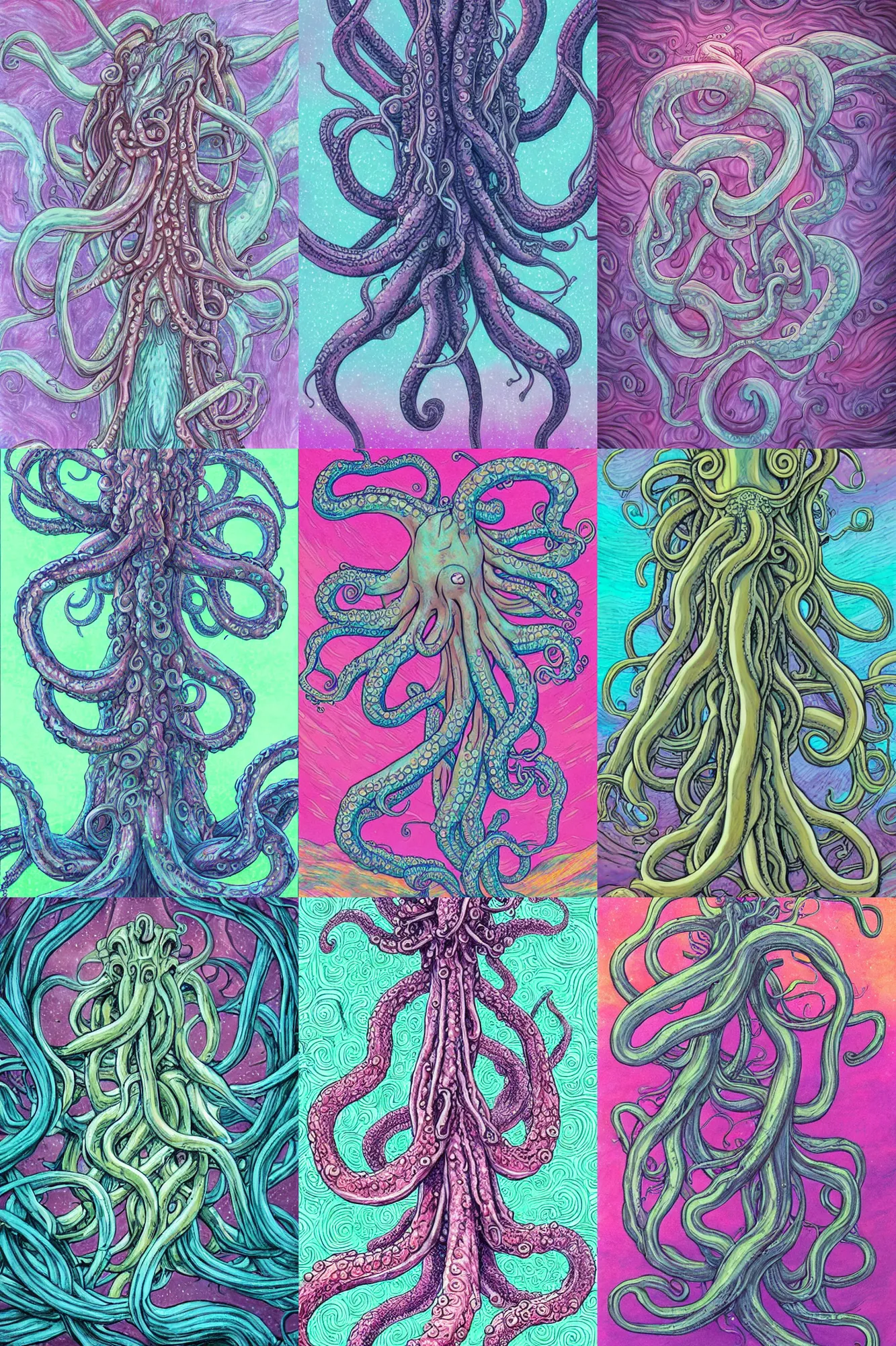 Prompt: giant ancient alien tentacles artwork, pastel colors, detailed background