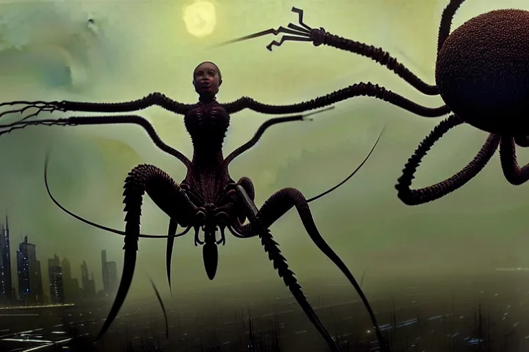 Prompt: realistic detailed photorealistic closeup portrait movie shot of a beautiful black woman riding a giant spider, dystopian city landscape background by denis villeneuve, amano, yves tanguy, alphonse mucha, ernst haeckel, jean delville, david lynch, edward robert hughes, roger dean, cyber necklace, rich moody colours, cyber patterns, wide angle