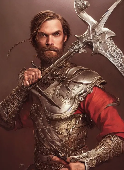 Image similar to PewDiePie as a mean looking hero holding an enormous large dual wielding sword, intricate, elegant, highly detailed, centered, digital painting, artstation, concept art, smooth, sharp focus, illustration, artgerm, donato giancola, Joseph Christian Leyendecker, WLOP, Boris Vallejo, Artgerm