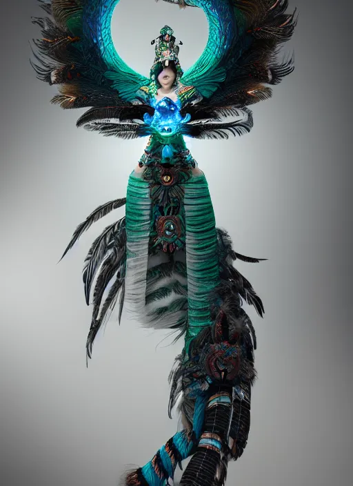 Image similar to 3 d mexican goddess medium shot portrait. beautiful intricate highly detailed quetzalcoatl helm and feathers. low - key lighting, bioluminescent, plasma, lava, ice, water, wind, stingray, magpie, creature, artwork by tooth wu and wlop and and annie leibovitz, 8 k trending on artstation,