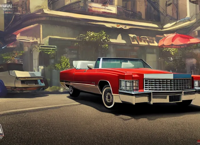 Prompt: imposing front view picture, one single red 1975 cadillac eldorado convertible car as a grand theft auto 5 loading screen, front view, intricate, studio, art by anthony macbain + greg rutkowski + alphonse mucha, concept art, 4k, sharp focus