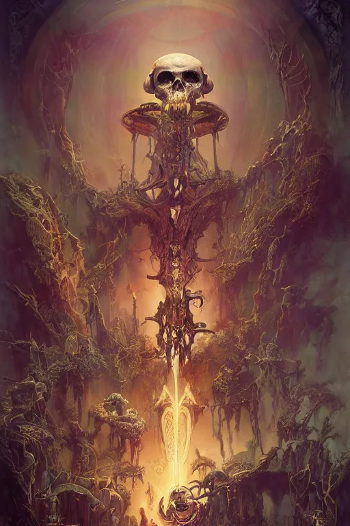 Image similar to evil gigantic biomechanical skull of death, fantasy painting, ultra realistic, wide angle, art nouveau, intricate details, rainbowshift, vivid colors, highly detailed by peter mohrbacher, maxfield parrish, aaron horkey, gaston bussiere, craig mullins