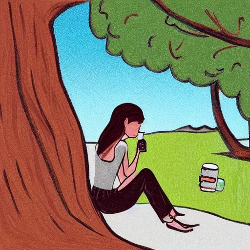 Prompt: “ girl drinking a beer under a tree, illustration by evan m. cohen ”