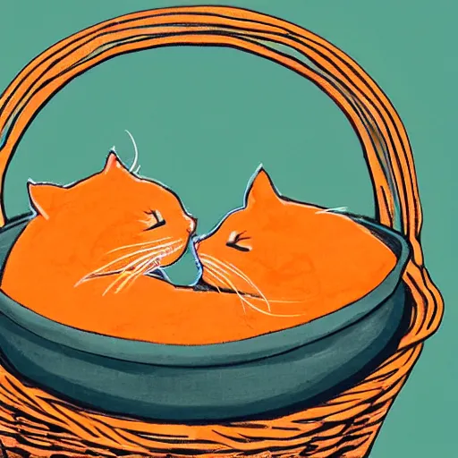 Prompt: two orange cats sleeping in a basket in a ying Yang pattern, realistic