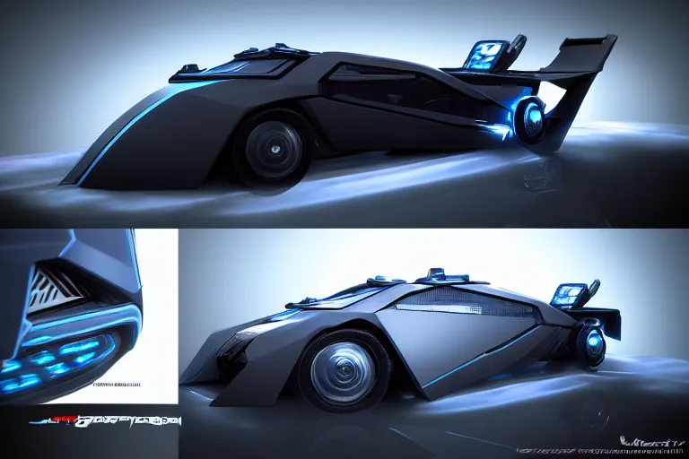 Image similar to cyberpunk batmobile concept inspired sports car, futuristic look, highly detailed body, very expensive, photorealistic camera shot, bright studio setting, studio lighting, crisp quality and light reflections, unreal engine 5 quality render