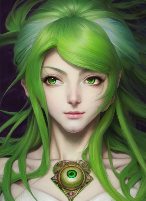 Prompt: portrait from left, head and body only, palutena, green hair, concept art, digital illustration, by rossdraws, frank franzzeta, intricate, masterpiece, elegant, hyper detailed, artstation, unreal engine rendered, concept art, smooth, sharp focus, illustration, art by artgerm and greg rutkowski and alphonse mucha and garis edelweiss