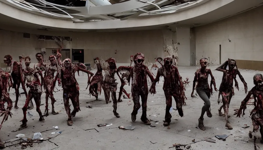 Prompt: a group of grotesque zombies parading through an abandoned , destroyed mall , 4k ,ultrareallistic , sharp