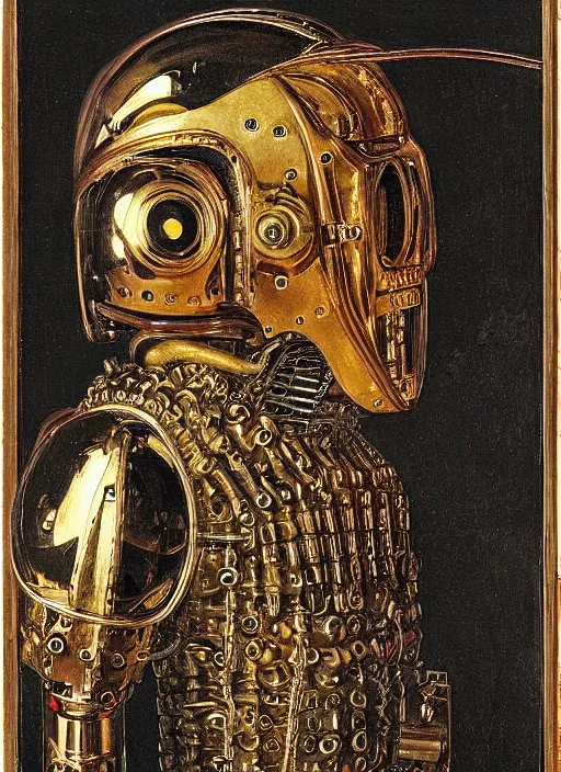 Image similar to a portrait of a shiny metallic renaissance steampunk robot, in the style of Jan van Eyck,