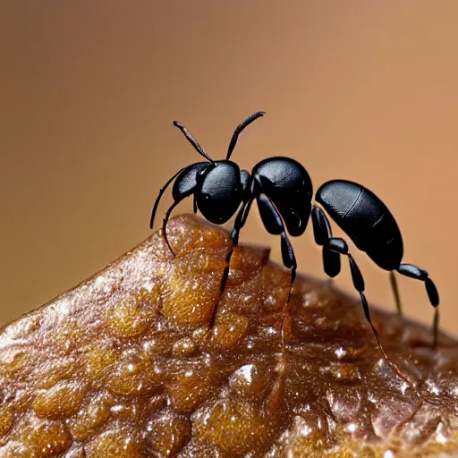 Image similar to ultra detailed photo, close up of ant, with small cowboy sitting on its back