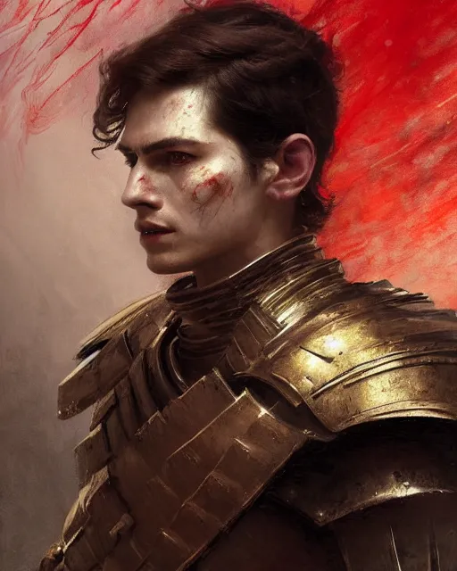 Image similar to close up of a young emperor wearing an armor ; masculine man with thin faces line and perfect jawline, two sides brown hair, elegant, ethereal horror fantasy art by greg rutkowski, jeremy mann, magali villeneuve and claude monet, large shoulders, red background