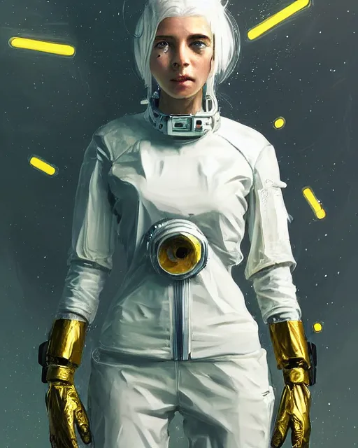 Image similar to detailed portrait white haired girl, solarpunk futuristic utopia, scifi astronaut suit, android parts, decorated with golden ornaments by Ismail inceoglu dragan bibin hans thoma greg rutkowski Alexandros Pyromallis Nekro Rene Maritte Illustrated, Perfect face, fine details, realistic shaded, fine-face, pretty face