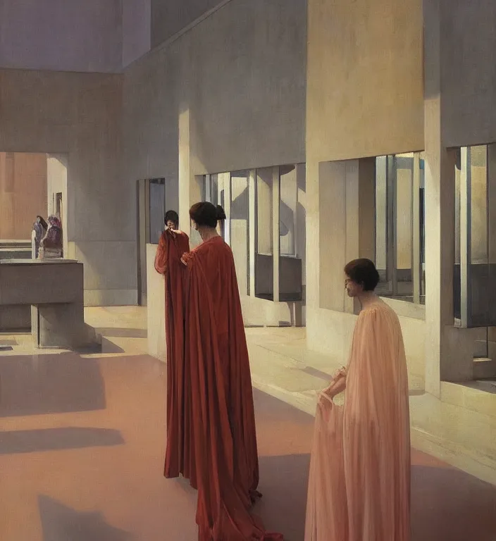 Prompt: magnificent woman in transparent robes, in magnificent shopping mall, oil painting by edward hopper, zdislav beksinski, wayne barlowe